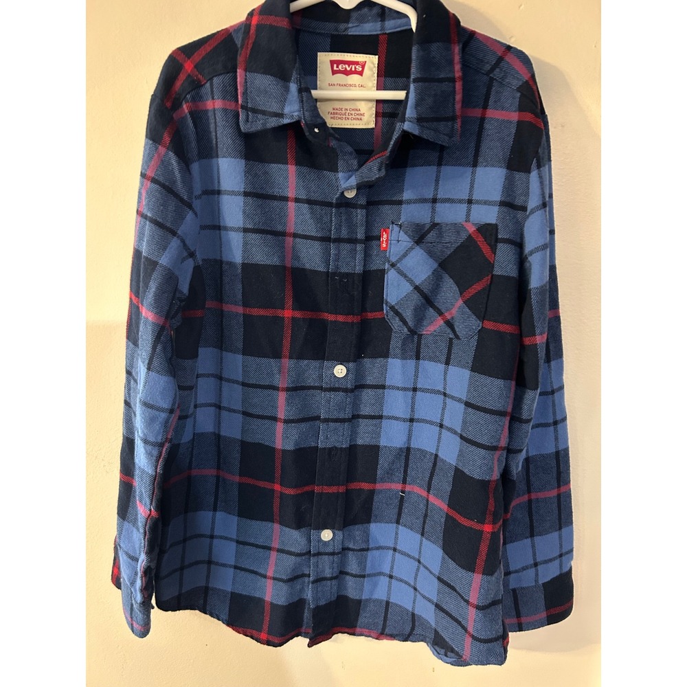 Levis Kids Boys Blue Plaid Flannel Button Down Shirt Size S 7/8 Long Sleeve